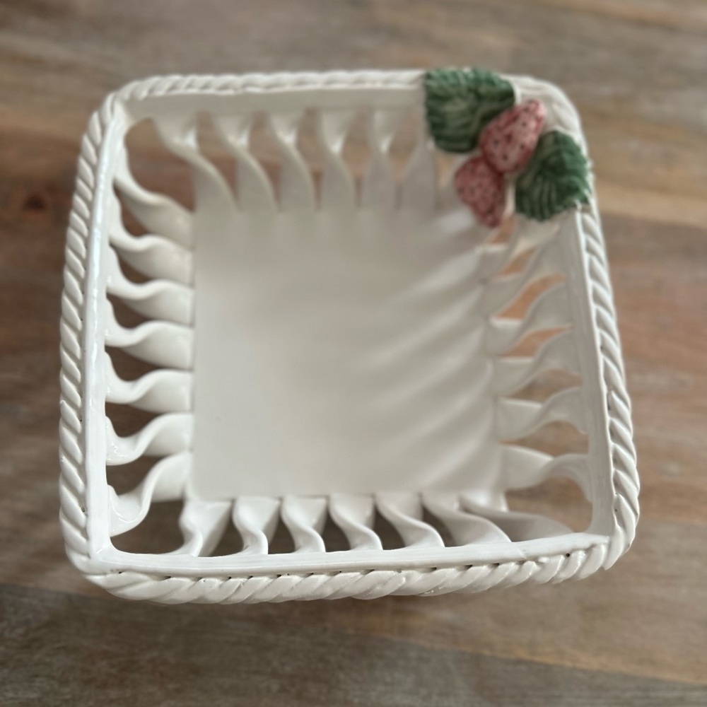 Vintage Portuguese Savoir Vivre White Woven Ceramic Basket with Strawberry